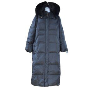 Portrait Long Black Puffer Coat Women’s Size Large Hooded with Fox Fur Trim